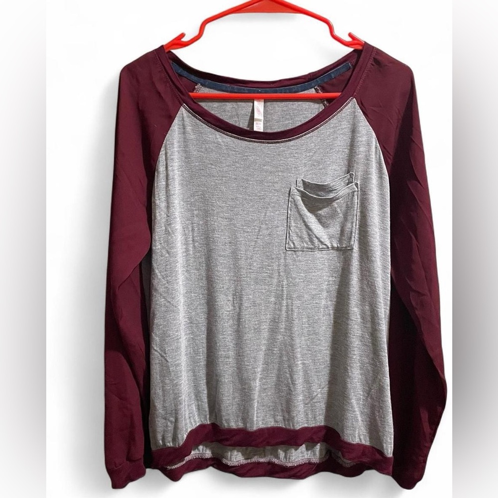 Grey and Burgundy Raglan Long Sleeve Top with Sheer Sleeves